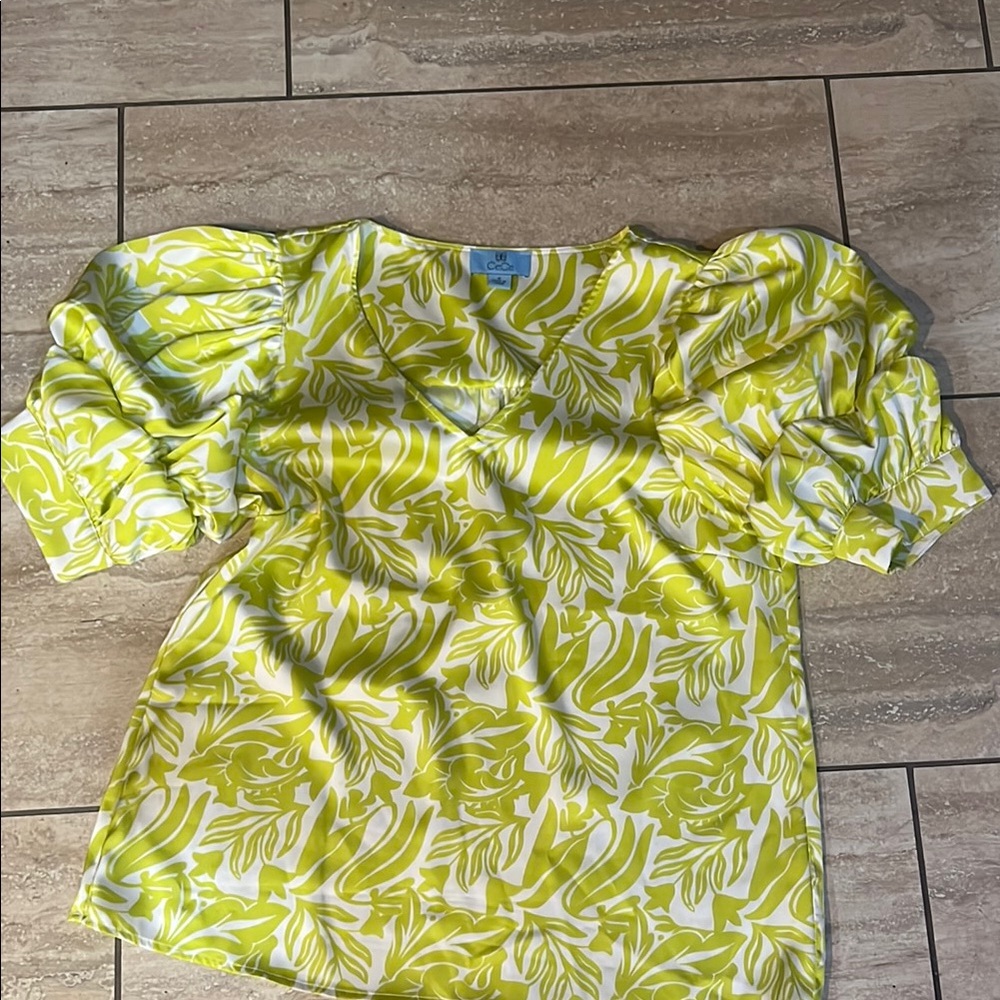 CeCe Green and White Ruffled Blouse